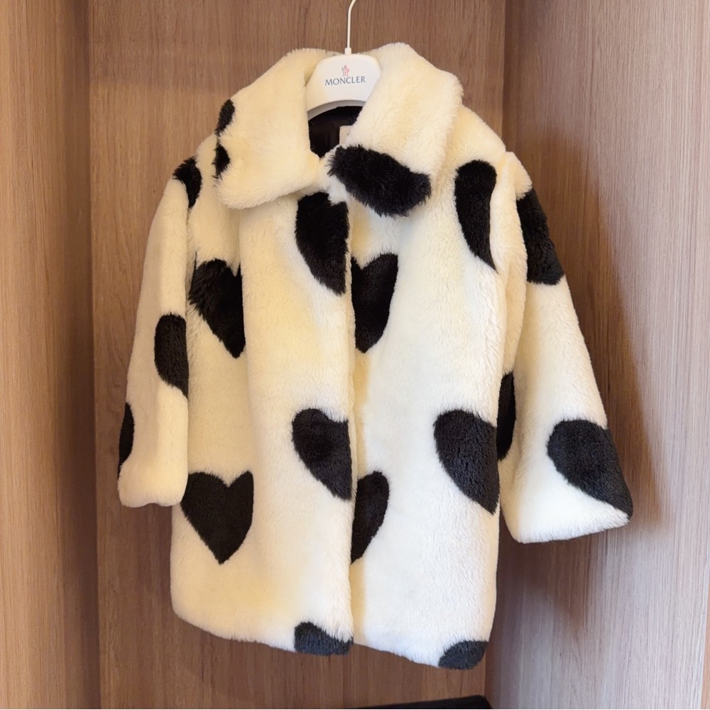 Kids Faux Fur Heart Jacket - Cream and Black